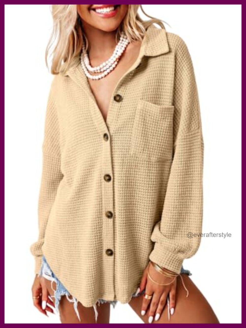 Waffle Knit Shacket Button Down Shirt Loose Fit Long Sleeve Women's Top